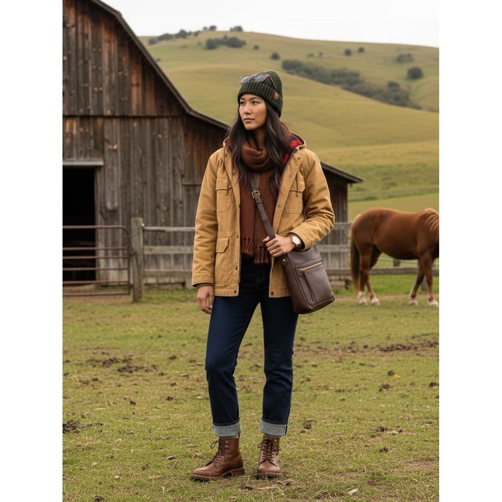 Woolrich Vintage Hooded Field Jacket Tan Plaid Lined Utility Coat Women L XL EUC - Picture 3 of 16
